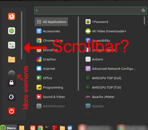 Scrollbar shown in favorites list in the Linux Mint Menu